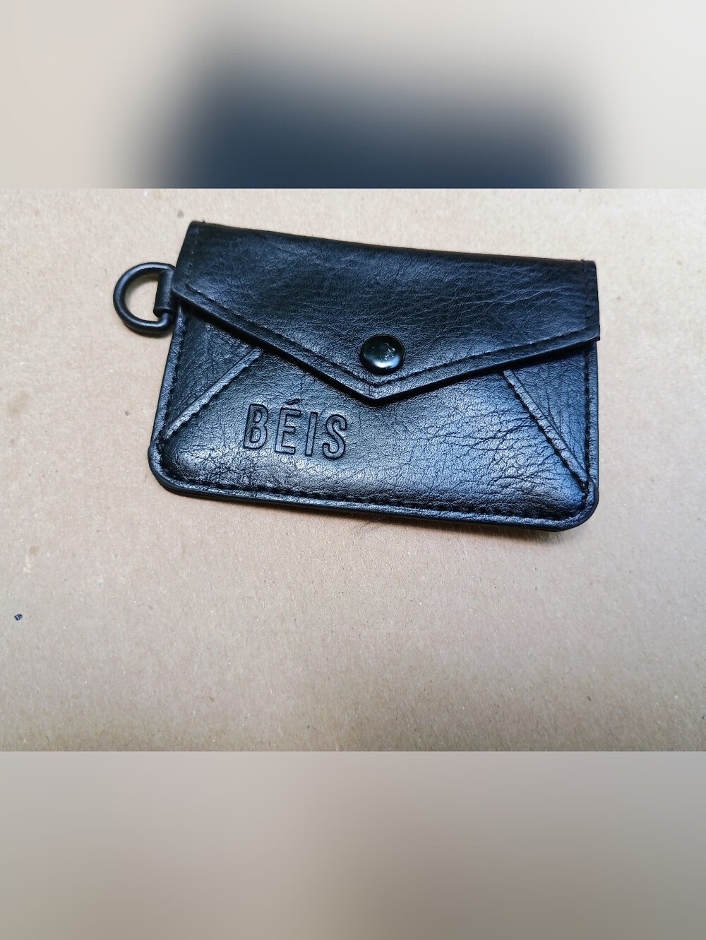 BEIS Black Leather Card Holder Wallet with Snap Keychain Loop
